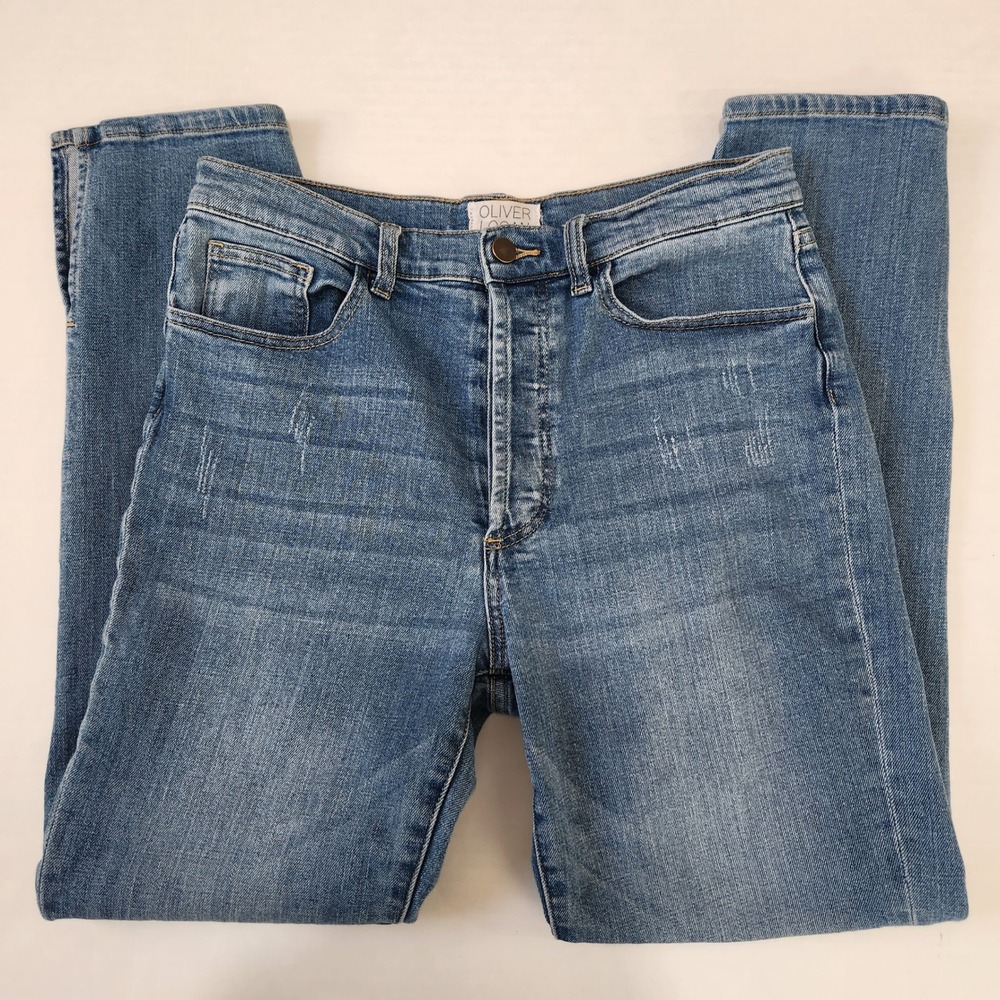 Oliver Logan High Rise Mom Jeans Womens 30 Blue Split Hem Button Fly Stretch - Picture 9 of 12